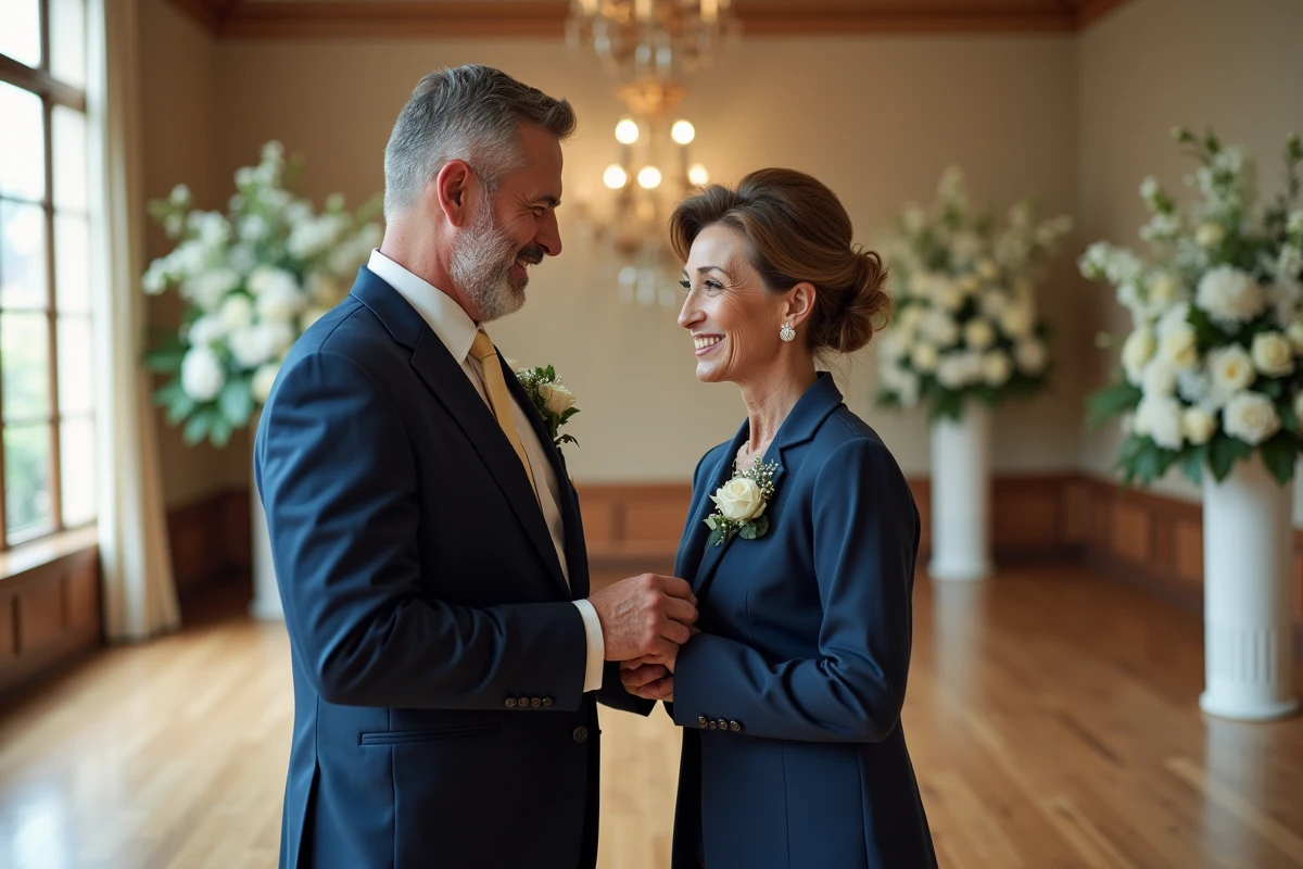 Homme et femme élégants échangeant un boutonnière en intérieur