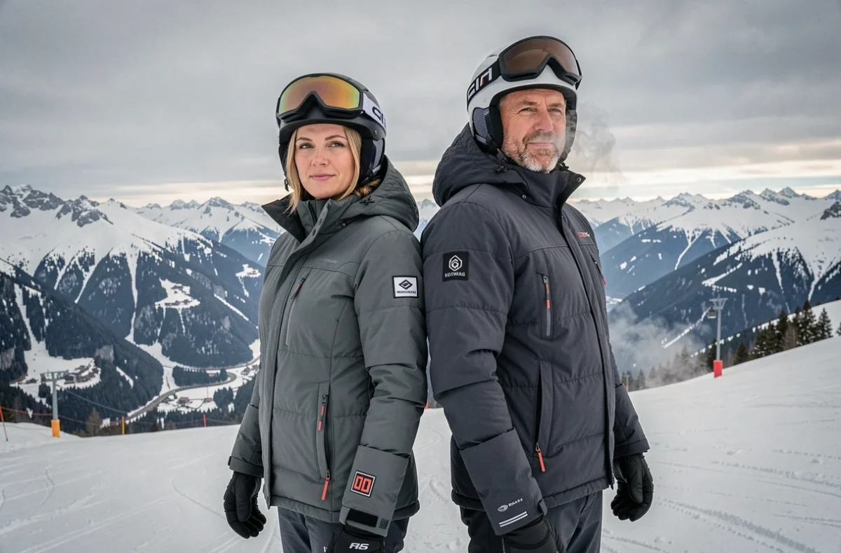 Couple en vêtements de ski premium coordonnés au sommet d'une piste avec une vue panoramique sur une vallée alpine enneigée et un ciel hivernal nuageux