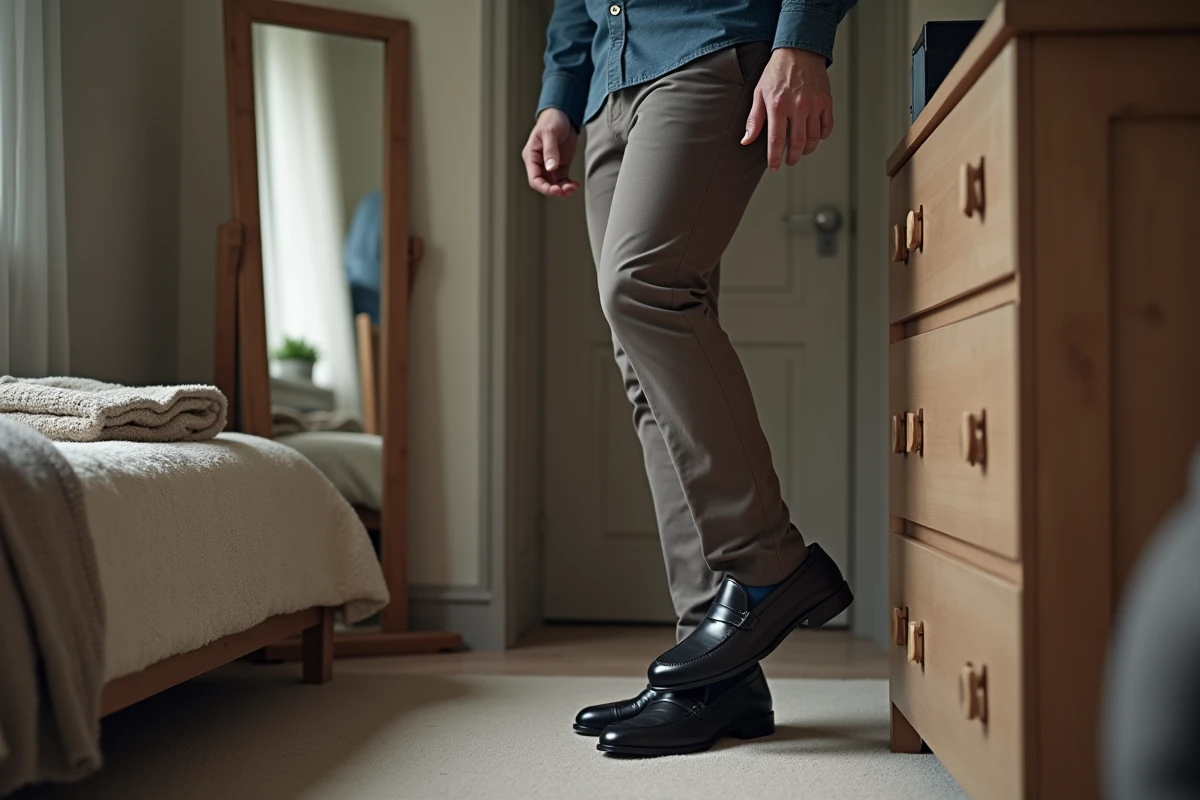 Homme testant un coussinet de talon pour adapter une chaussure trop grande à son pied