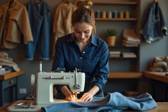 Femme en atelier de couture ajustant un pantalon haute visibilité
