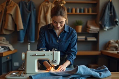 Femme en atelier de couture ajustant un pantalon haute visibilité