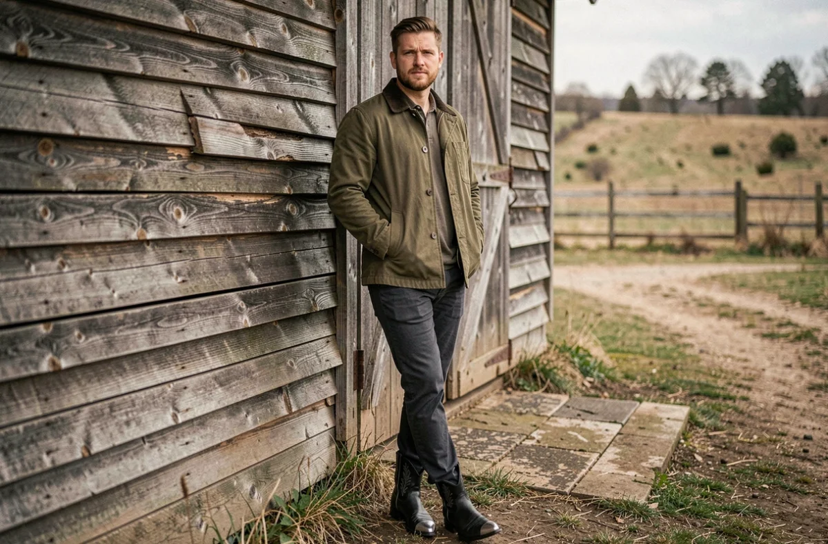 Homme en cowboy boots noires avec embouts argentés devant une grange en bois, look western masculin tendance 2026