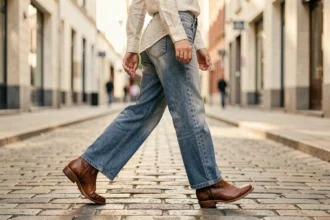 Femme portant des cowboy boots en cuir brun avec broderies florales dans une rue pavée urbaine, style western tendance 2026