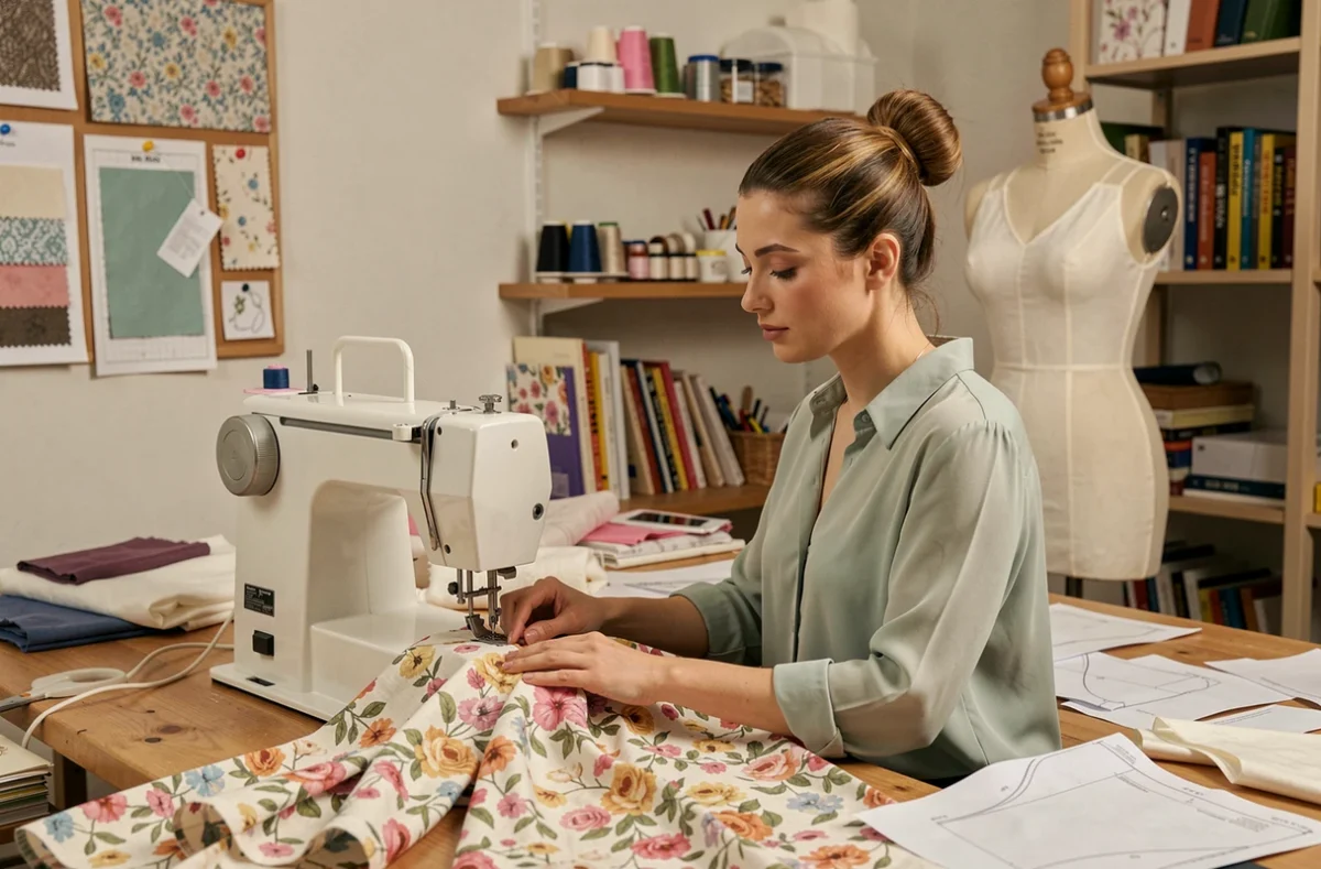 Artisane de Créa Elo travaillant à sa machine à coudre sur une robe florale dans son atelier de retouche et création