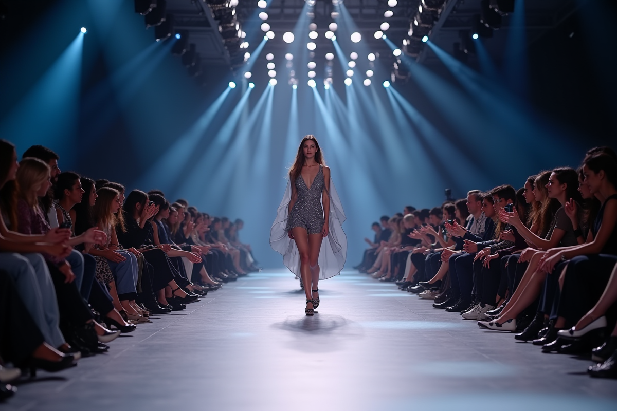 Défilé de mode international avec modèles divers et éclairage vibrant