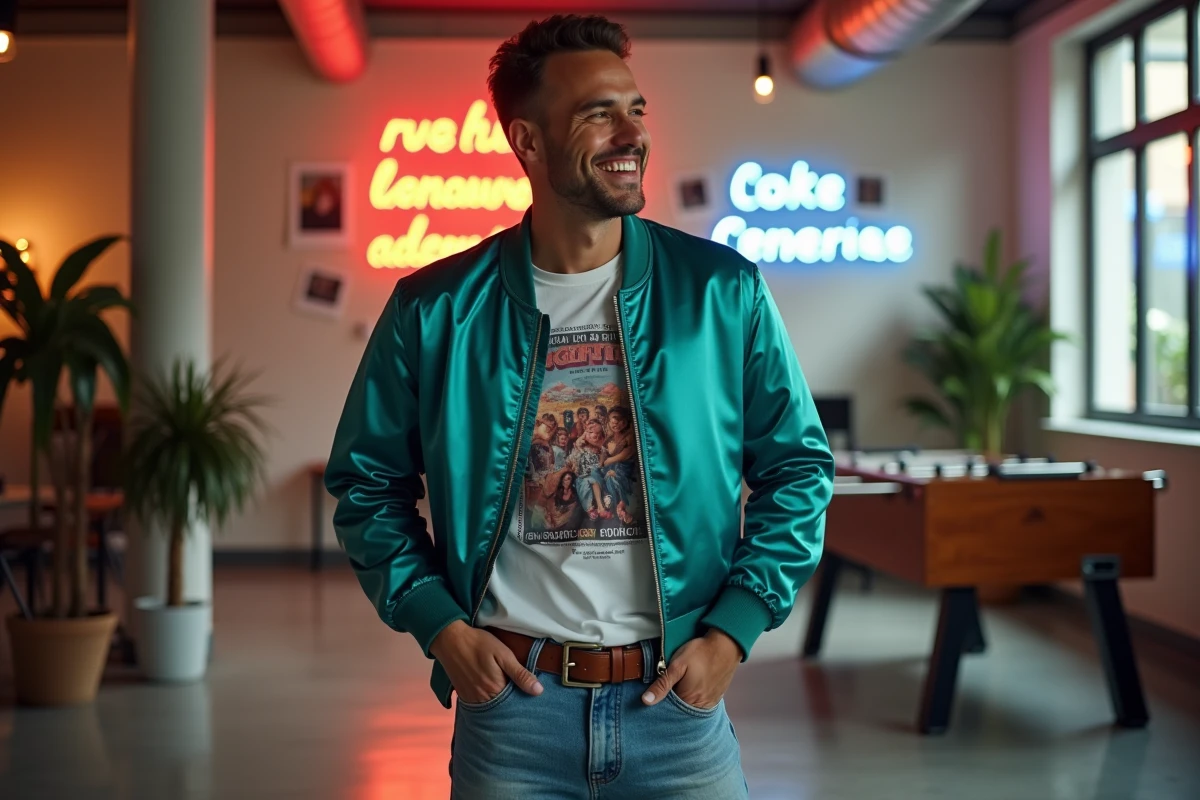 Homme en blouson bomber satiné et jean acid-wash déguisé années 80 lors d'une soirée thématique en entreprise