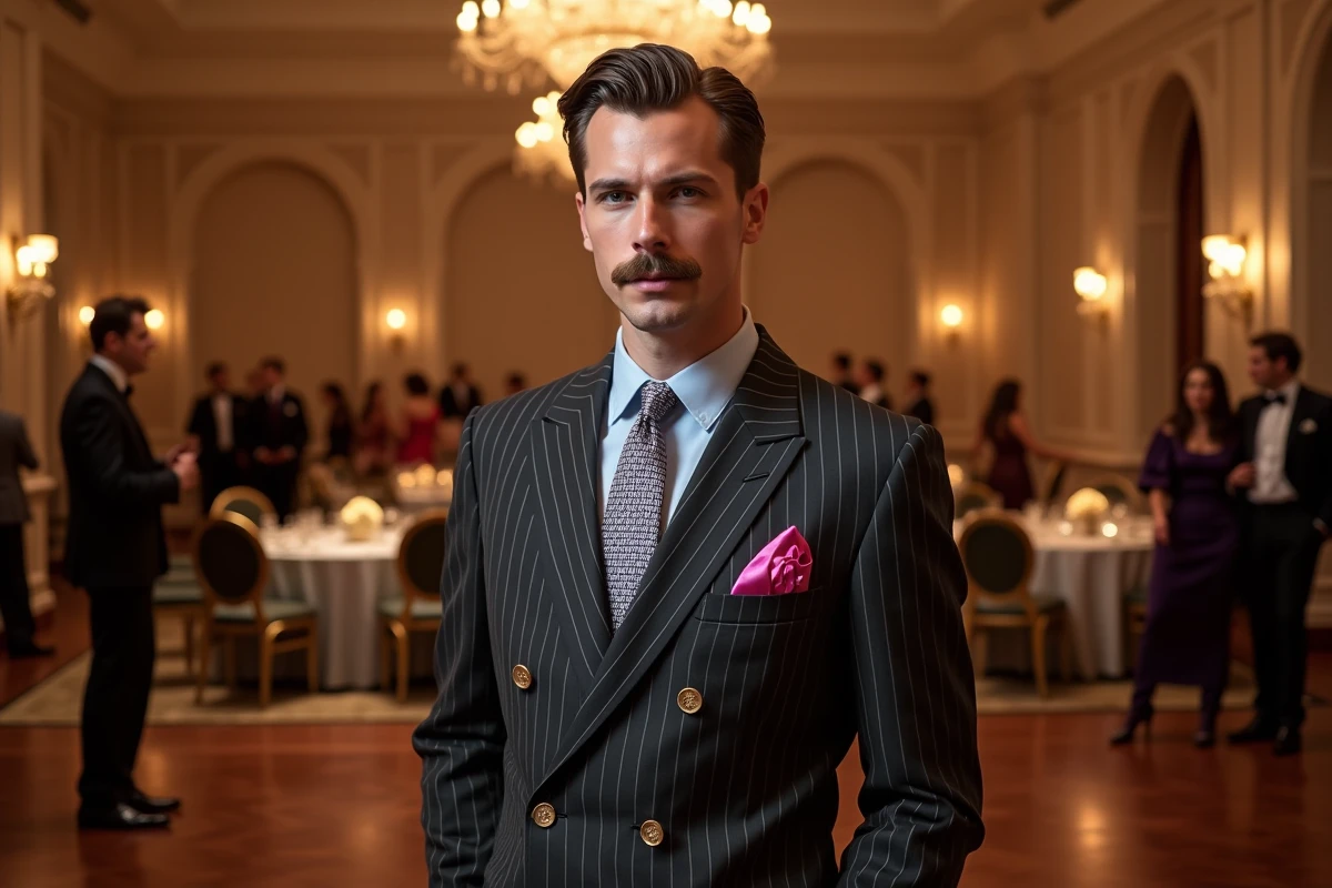 Homme en costume croisé années 80 rétro chic avec cravate géométrique et pochette fuschia pour soirée d'entreprise déguisée
