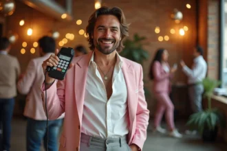 Homme déguisé en style années 80 avec blazer rose pastel et épaules structurées lors d'une soirée déguisée en entreprise