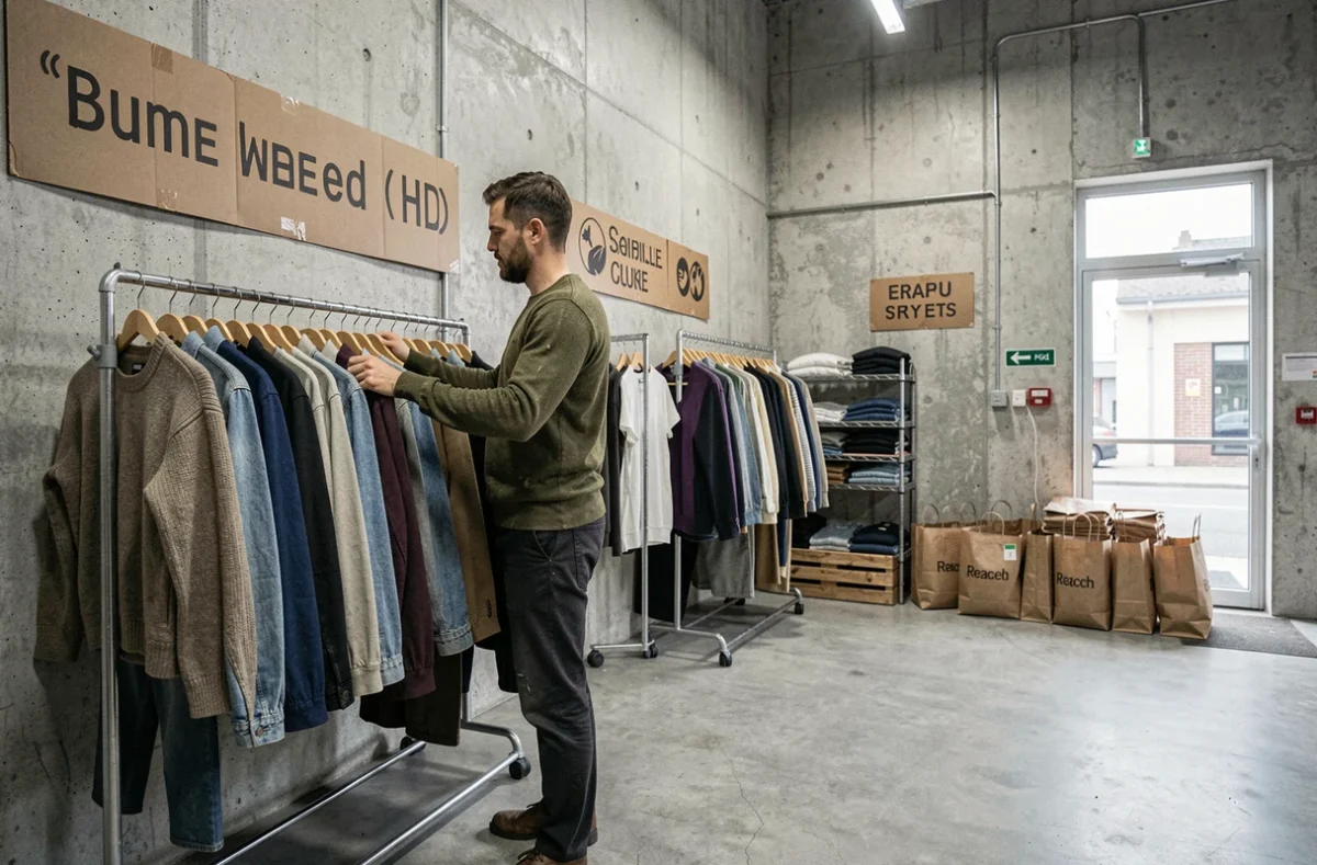 Homme parcourant un rack de vêtements de seconde main dans un dépôt de revente urbain minimaliste, symbolisant l'économie circulaire et l'alternative à la fast fashion