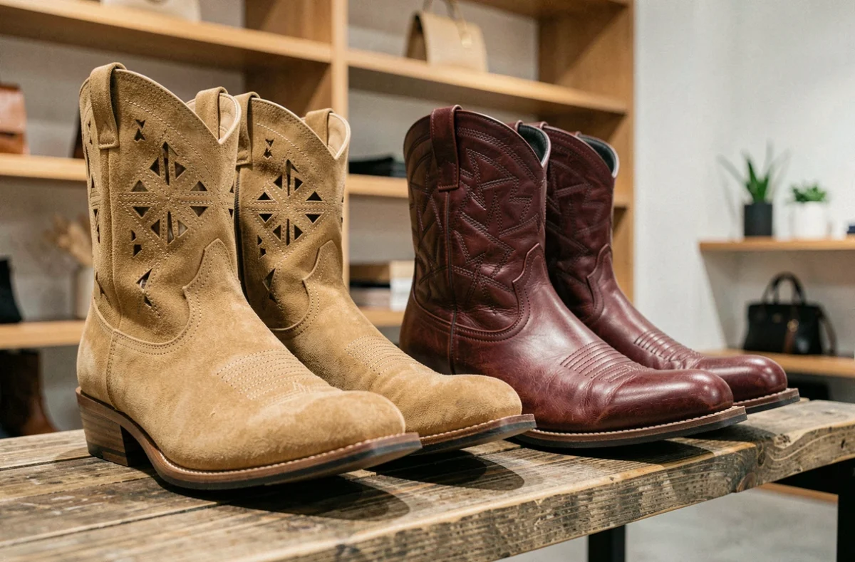 Gros plan sur deux paires de cowboy boots western exposées en boutique, bottes en daim et cuir bordeaux avec broderies traditionnelles