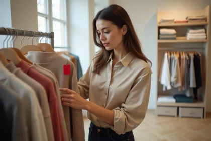 Femme faisant du shopping lors de la deuxième démarque des soldes 2026 dans une boutique de mode moderne