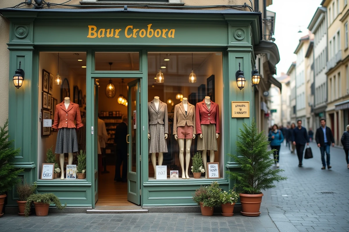 Devanture d'une friperie vintage indépendante dans une rue européenne avec vitrine décorative