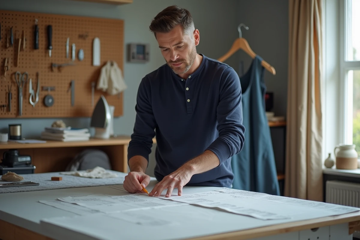 Tailleur indépendant expliquant un devis couture détaillé dans son atelier de retouche à domicile avec outils et tissus visibles