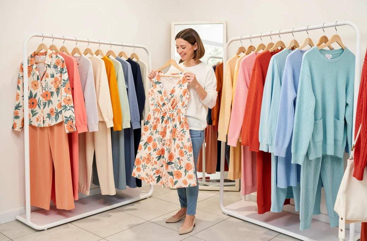 Cliente feuilletant une sélection de robes et vêtements féminins colorés dans la boutique Elody à Valence