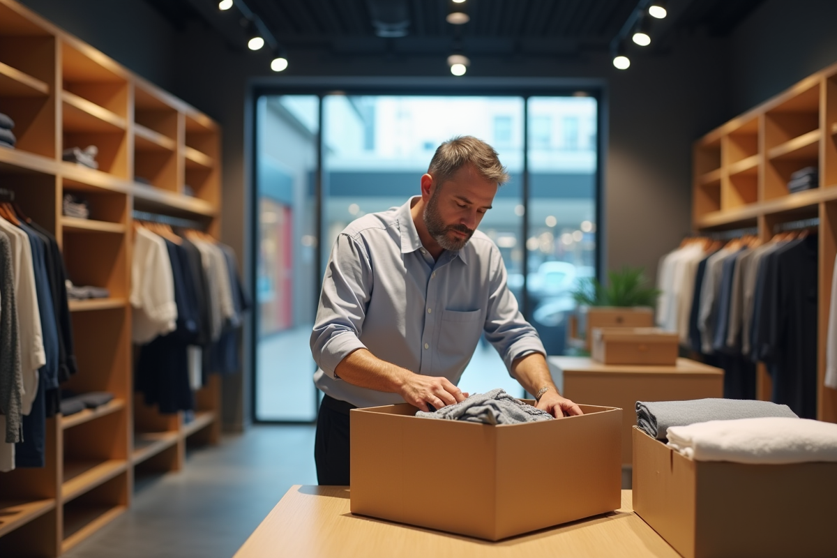 Employé rangeant des vêtements dans un magasin de mode