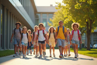 Groupe d'enfants joyeux quittant une école moderne en été