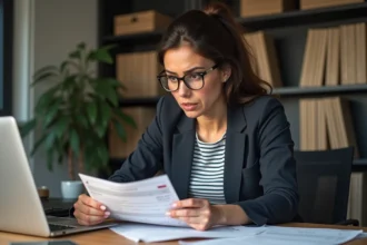Femme analysant des factures et un site e-commerce sur ordinateur portable, enquête sur des pratiques commerciales d'une boutique en ligne