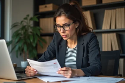 Femme analysant des factures et un site e-commerce sur ordinateur portable, enquête sur des pratiques commerciales d'une boutique en ligne
