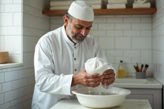 Homme entretenant un kufi blanc en le lavant délicatement à la main dans un lavabo en céramique