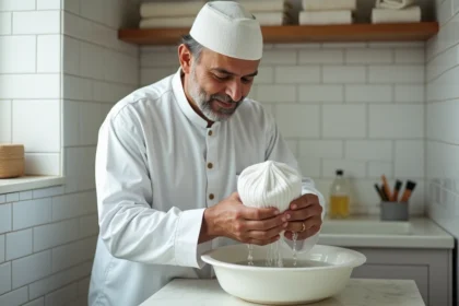 Homme entretenant un kufi blanc en le lavant délicatement à la main dans un lavabo en céramique