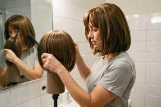 Femme entretenant une perruque coupe mulet sur un support en mousse avec un peigne à dents larges dans une salle de bain