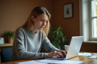 Femme hésitant avant de valider sa première commande sur un site de mode en ligne