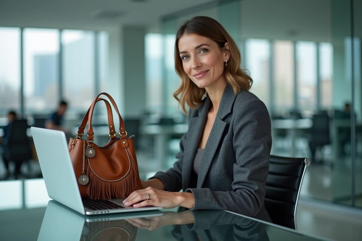 Femme en tenue professionnelle avec un charm handbag boho décontracté posé sur un bureau, illustrant l'erreur de mélanger les styles avec un sac à breloques en milieu formel