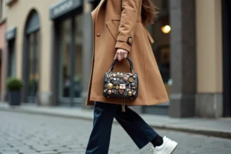 Femme élégante en trench camel tenant un charm handbag surchargé de breloques dépareillées, illustration d'une erreur de style courante avec les sacs à breloques