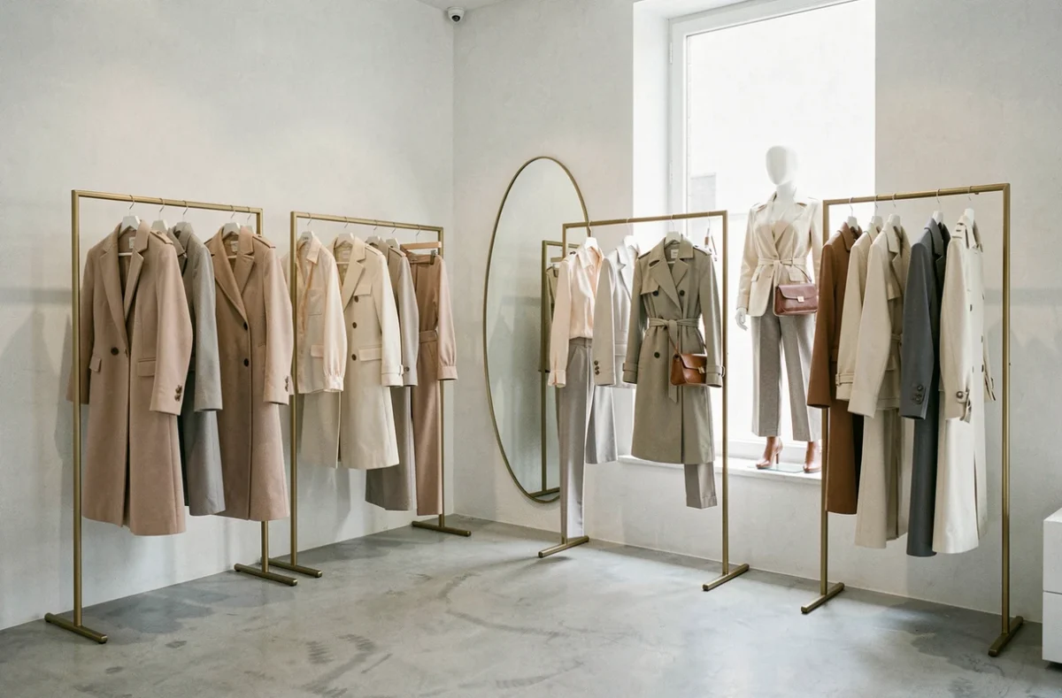 Intérieur minimaliste et raffiné de la boutique Esthete à Valence avec une sélection capsule de prêt-à-porter féminin haut de gamme