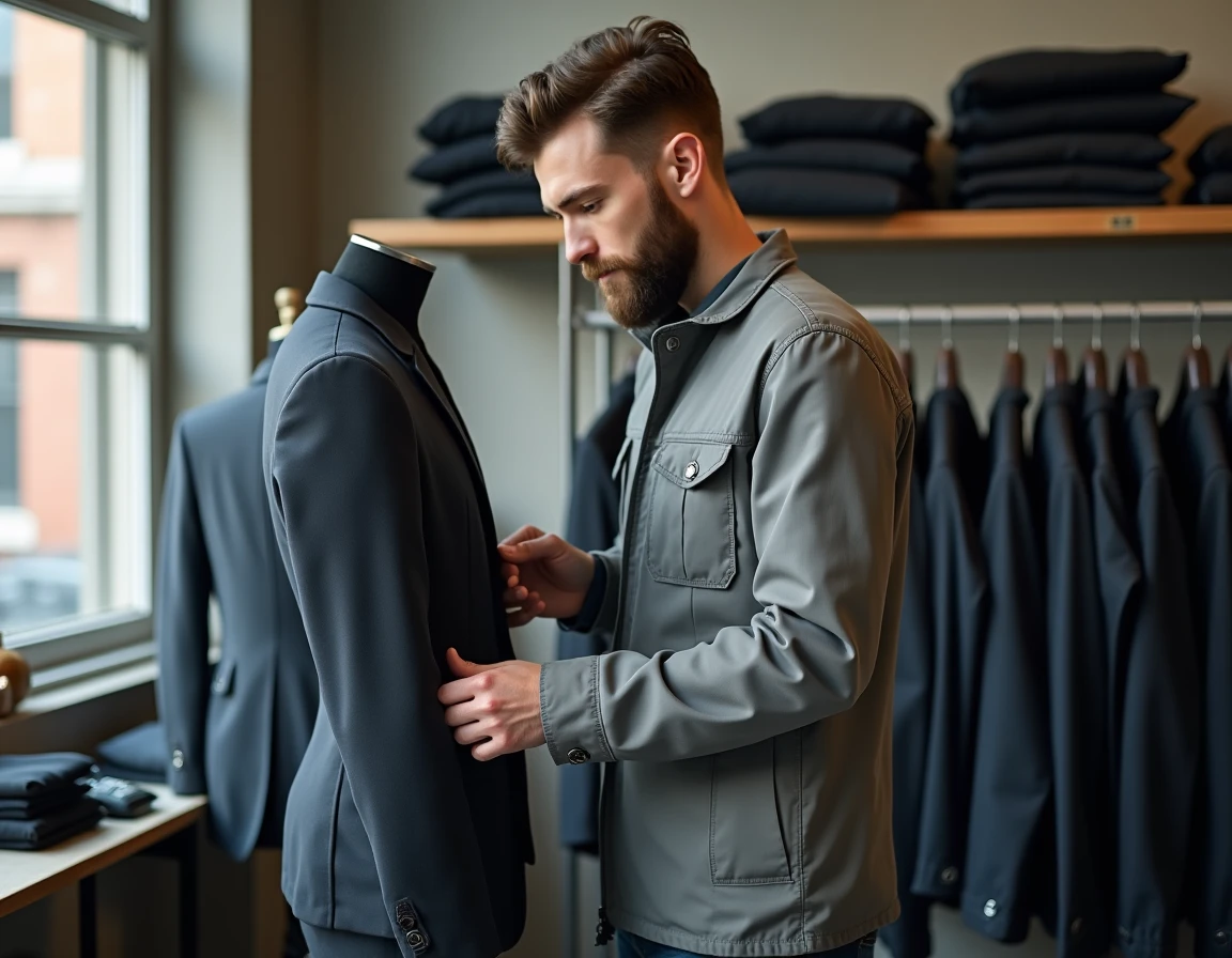 Tailleur de Federal'S épinglant des retouches sur un pantalon dans un atelier de prêt-à-porter à Roubaix