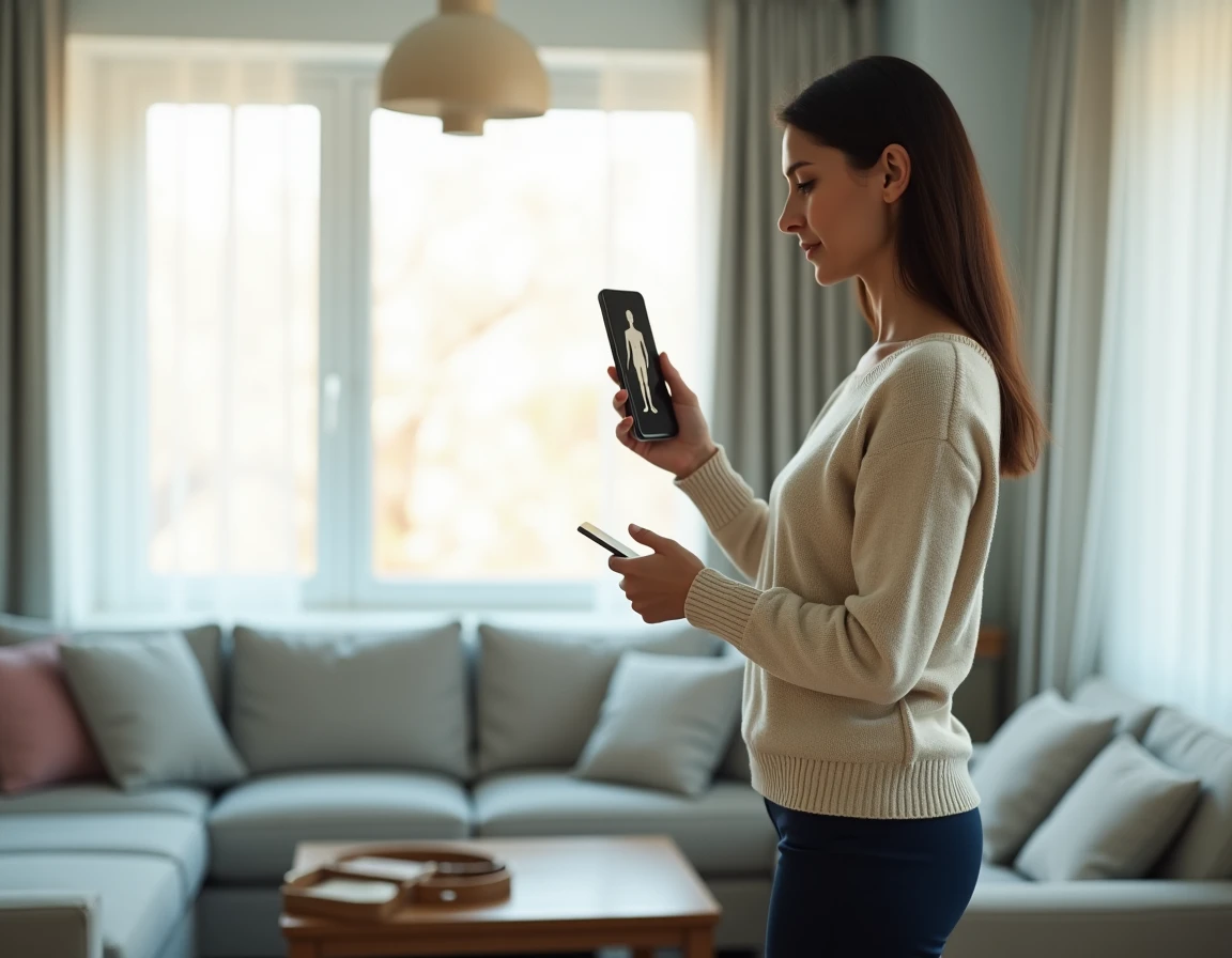 Femme debout dans son salon consultant une application de silhouette 3D sur smartphone pour visualiser ses mensurations virtuelles
