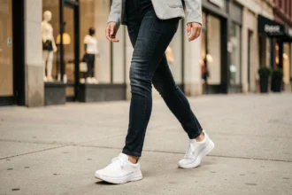 Femme marchant en ville avec des baskets confortables blanches adaptées aux longues marches