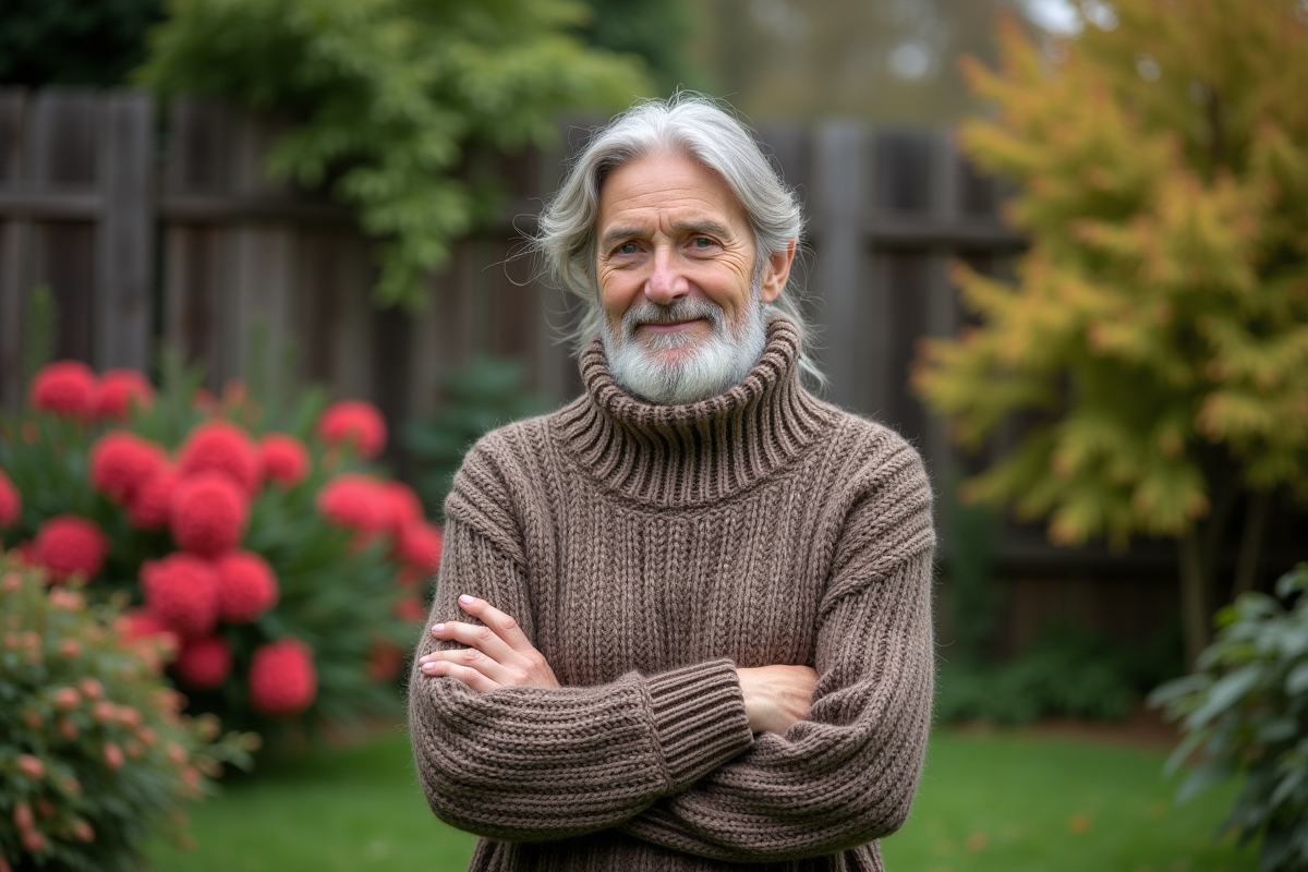 Femme avec barbe dans un jardin fleuri
