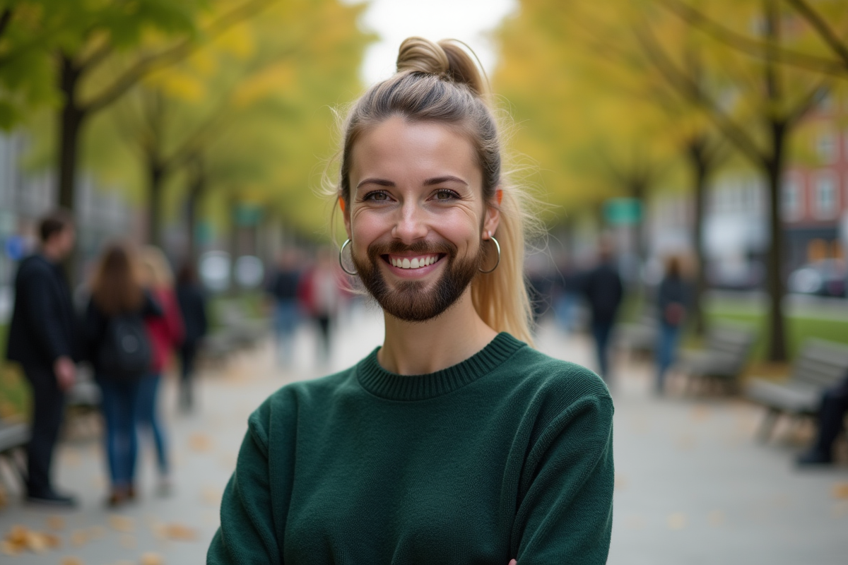 Femme avec barbe urbaine dans un parc en plein air