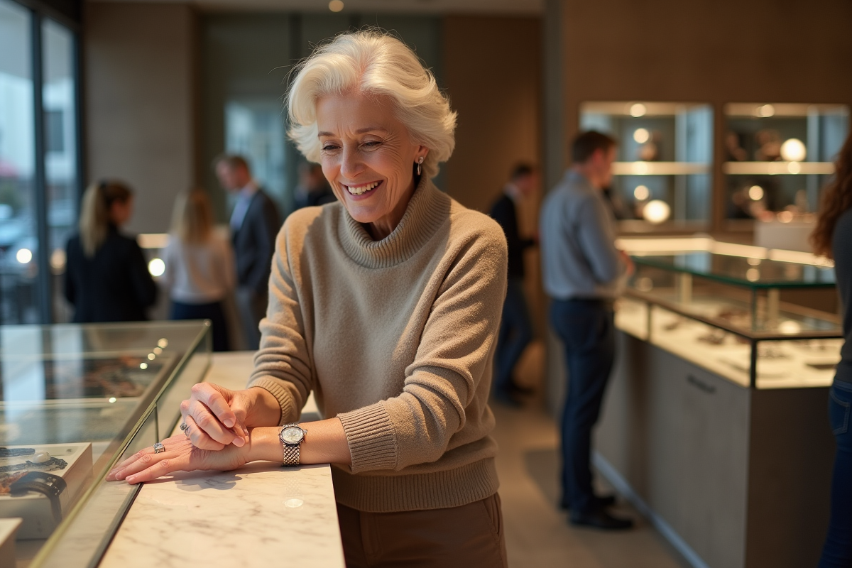 Femme âgée examinant des bracelets de montre dans une boutique moderne