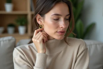 Femme portant boucle d'oreille en or sur fond cosy