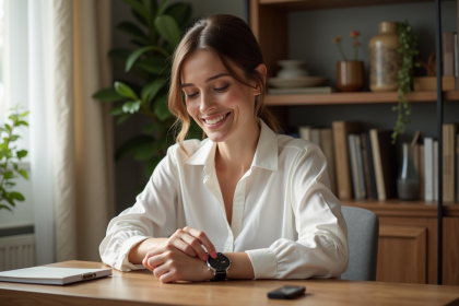Femme élégante ajustant son bracelet montre dans un salon lumineux