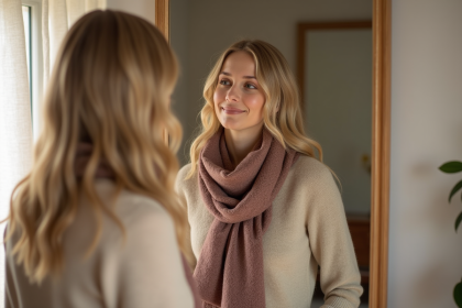 Femme blonde en cachemire et foulard dans une chambre lumineuse