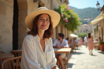 Femme portant un bob en paille à large bord dans un café en plein air en Méditerranée, style estival et protection solaire