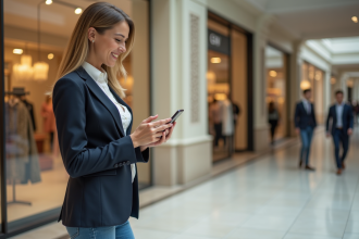Femme élégante vérifiant son smartphone devant une boutique