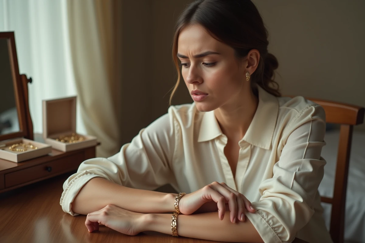 Femme en blouse crème examinant son bracelet en or terni à une coiffeuse en bois