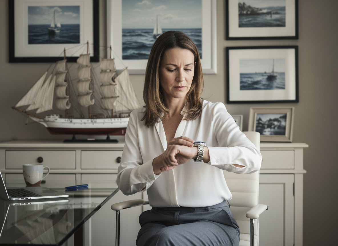 Femme professionnelle vérifiant sa montre de plongée au bureau