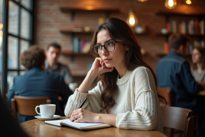 Jeune femme pensante prenant des notes au café