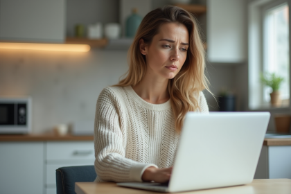 Femme en cuisine regardant son ordinateur portable