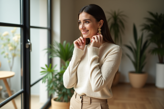 Femme élégante portant boucles d'oreilles en or dans un intérieur moderne