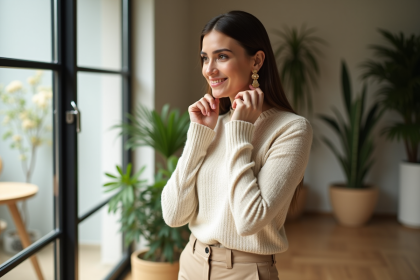 Femme élégante portant boucles d'oreilles en or dans un intérieur moderne