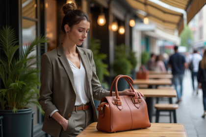 Femme élégante choisissant un sac à main en cuir en terrasse urbaine