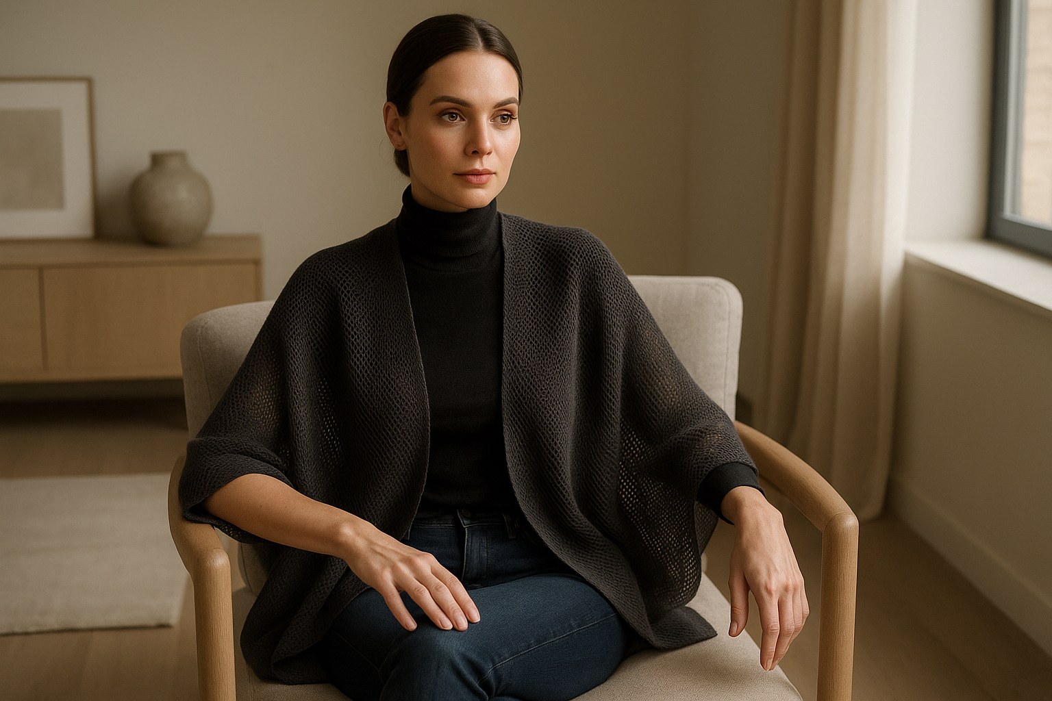 Femme chic dans un salon minimaliste et cosy
