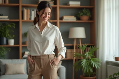 Femme confiante portant pantalon Halarastyle en intérieur