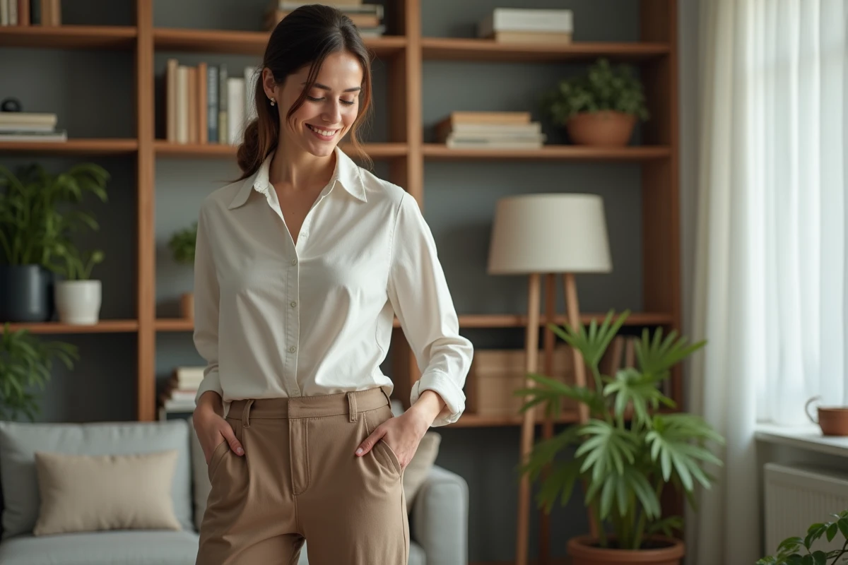Femme confiante portant pantalon Halarastyle en intérieur